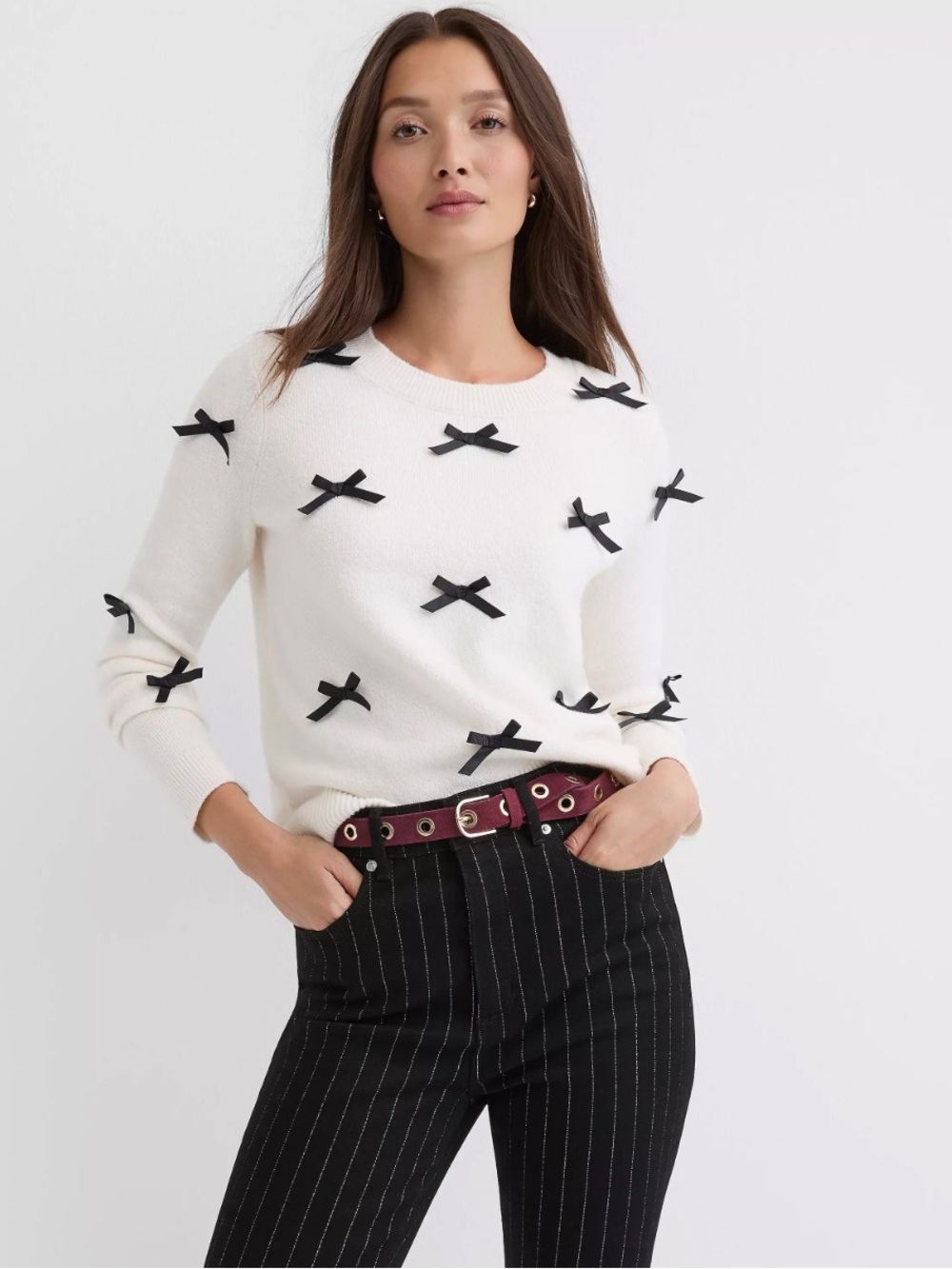 LOFT Cream Sweater with Black Bow Accent